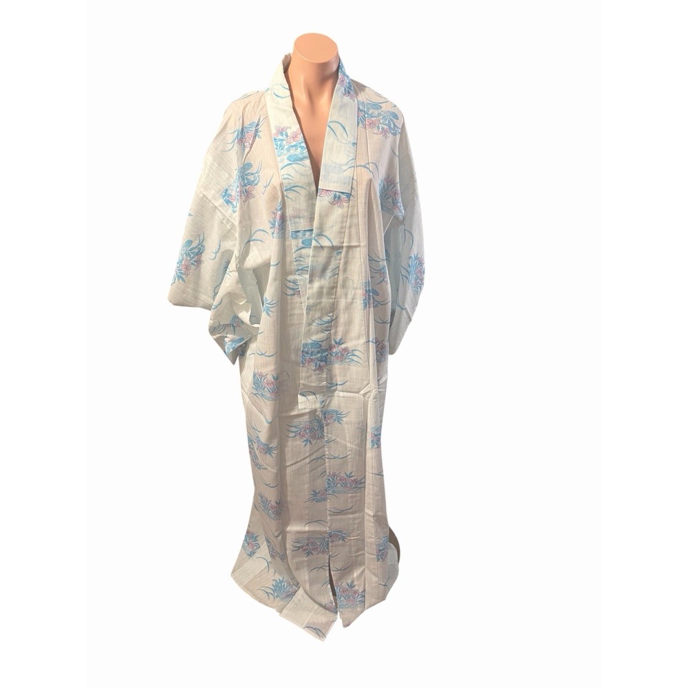 Vintage Handmade Japanese Light Cotton Yukata Kimono Floral Blue White